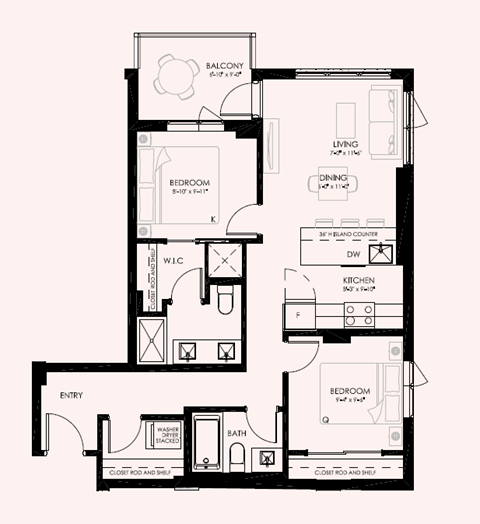 Floor plan for 2 beds, 2 baths, 804 sqft